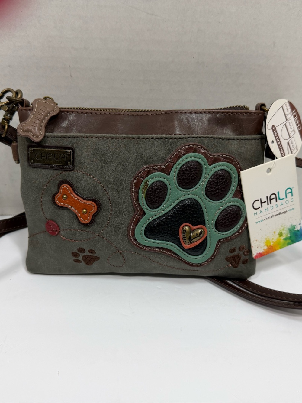 Chala Olive Green & Brown Paw Print Crossbody with Teal Accent